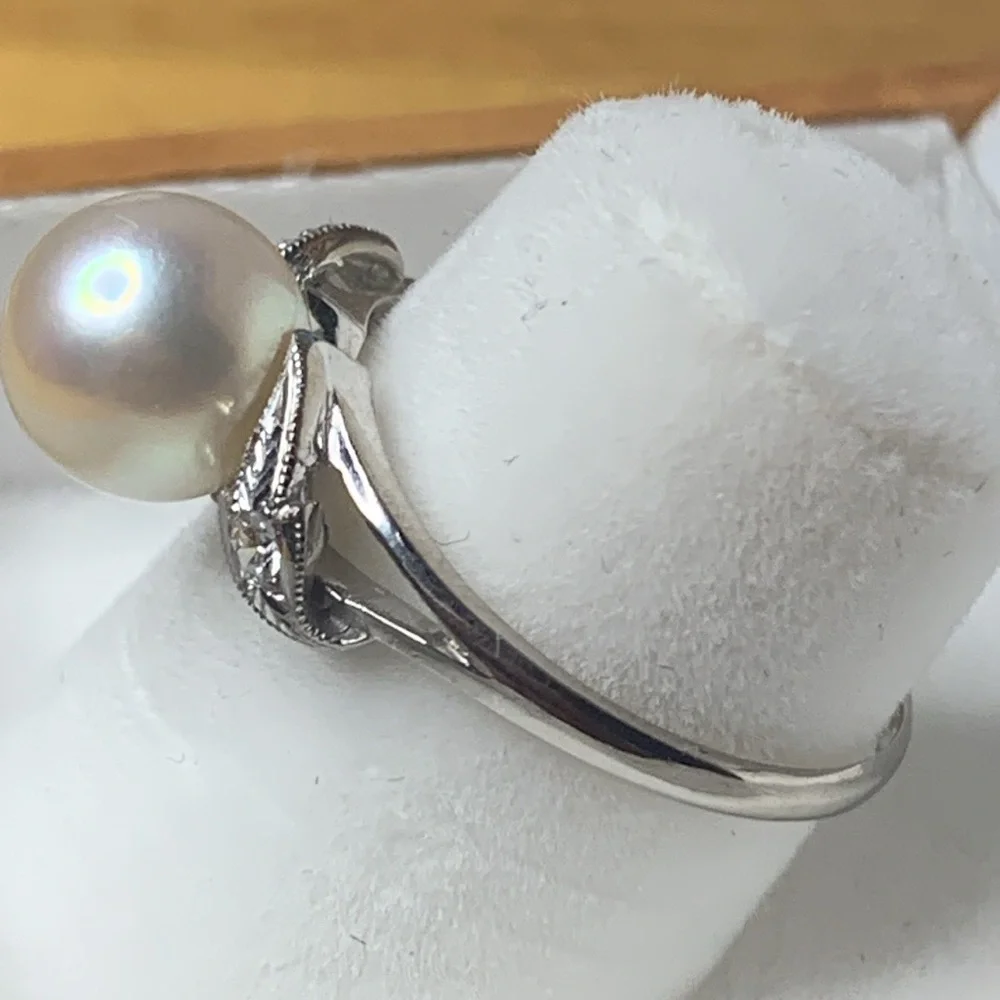 14kt White Gold Mikimoto Akoya Pearl Genuine Natural Diamond Ring Size 7 - Picture 8 of 16